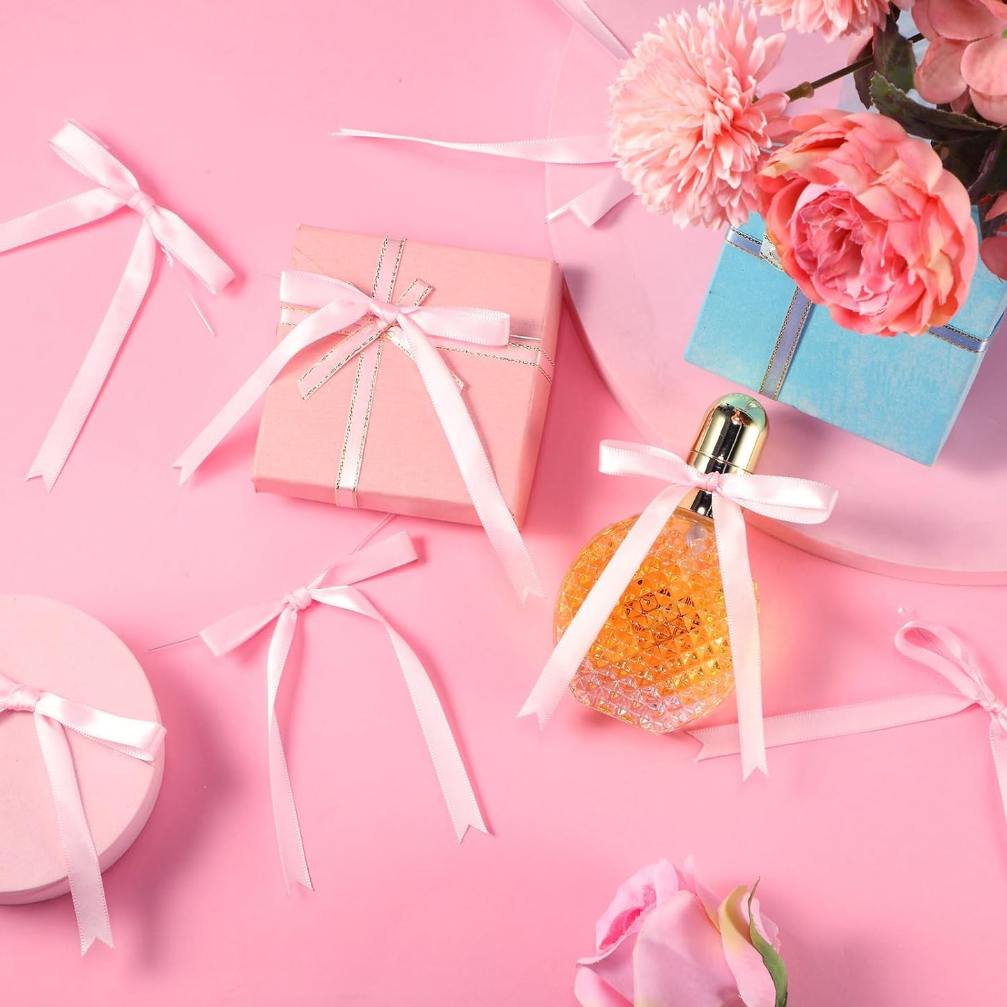 Riceshoot 50 Pcs Twist Tie Bows for Cake 3x4.5 Inch Satin Ribbon Bows for Gift Wrapping Treat Bags Craft DIY Wedding Baby Shower Birthday Party(Pink)