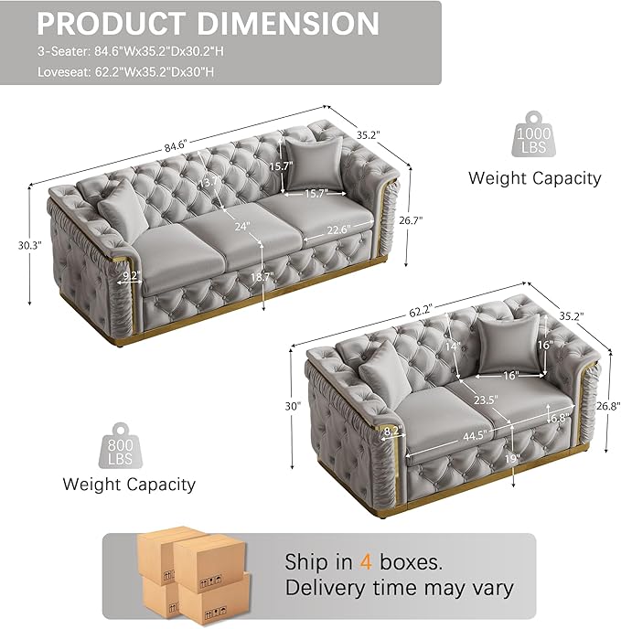 2 Piece Velvet Chesterfield Sofa Luxury Tufted Sofa Black and Gold Couch Set - Image 2