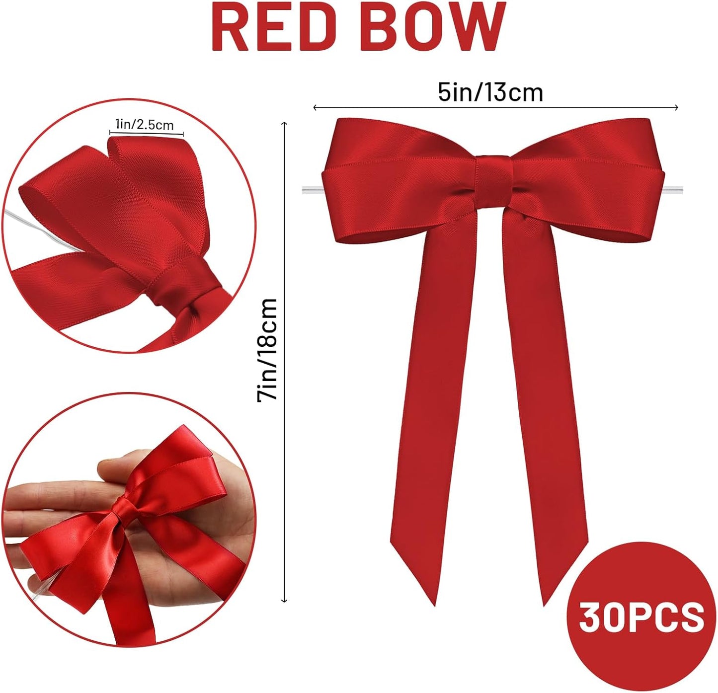 Red Bows for Gift Wrapping, 5'' X 7'' Satin Gift Bows for Birthday, Wedding, Party, 30 Pcs