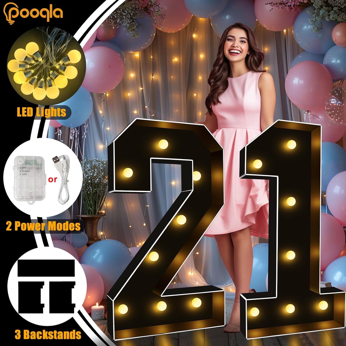 Pooqla 3FT Marquee Light Up Numbers, Black Lighted Party Decor for her him Women Men, Giant Mosaic Light Up Numbers for 1st 16th 21st Birthday Anniversary Decoration, Number 1