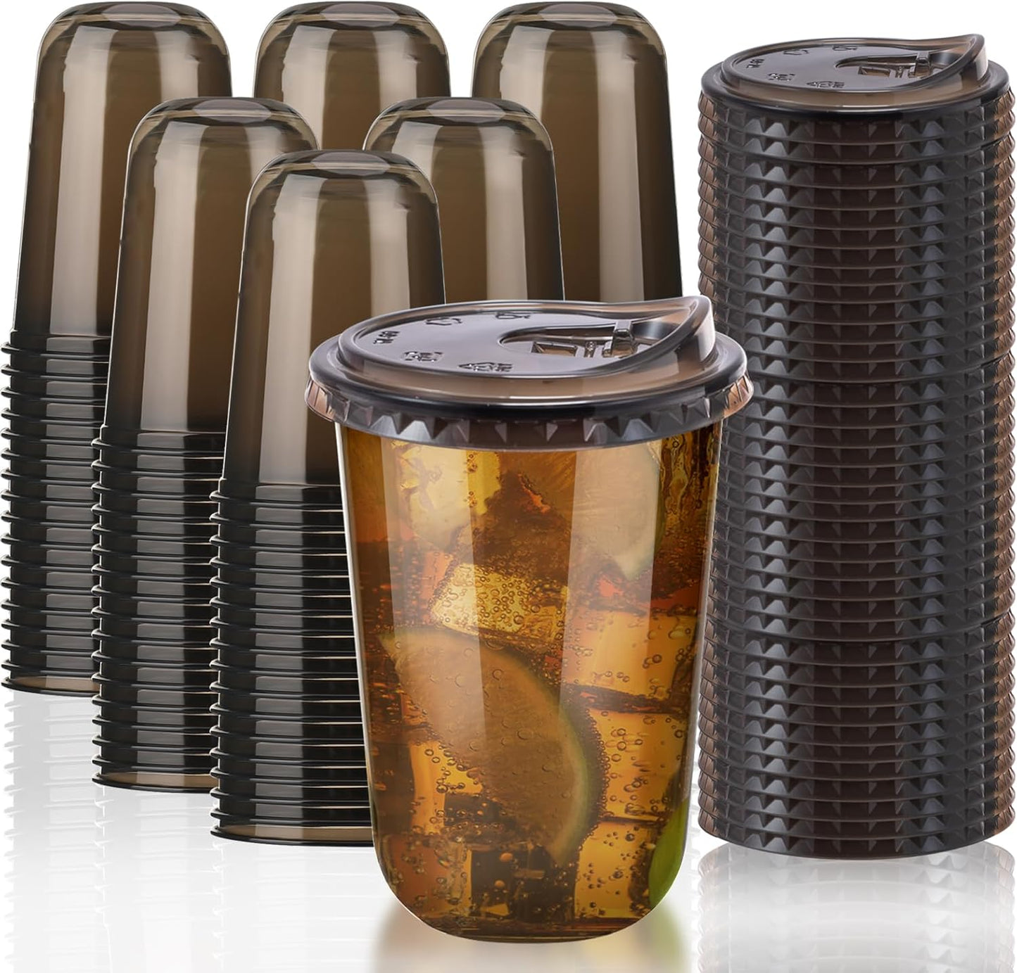 16oz Disposable Stemless Glasses With Strawless Sip Lids,PET Disposable Drinking Cups,Clear Plastic Wine Glasses for Parties Birthday,Wedding,Meeting,Christmas Party Supplies (100, Black)