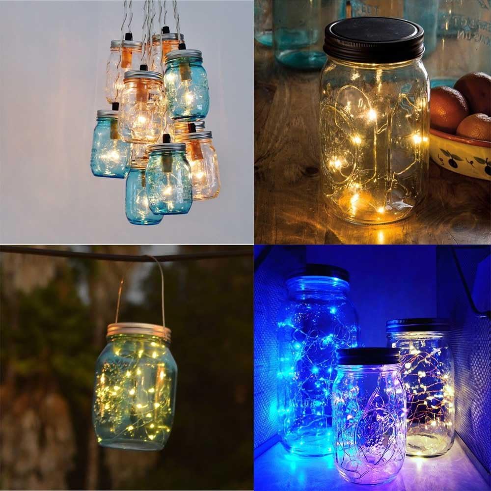 6 Pack Mason Jar Lights, 10 LED Solar Warm White Fairy String Lights Lids Insert for Garden Deck Patio Party Wedding Christmas Decorative Lighting Fit for Regular Mouth Jars