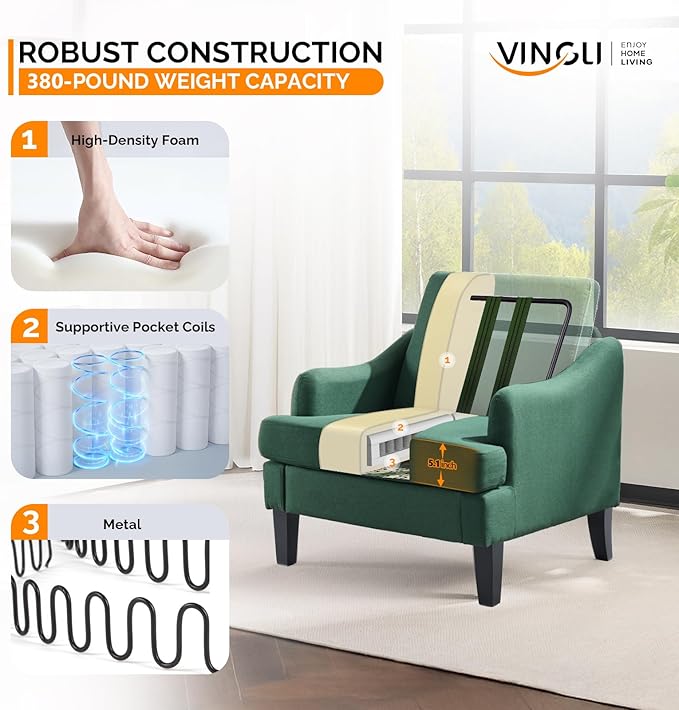 VINGLI Linen Fabric Accent Chairs Set of 2, Comfy Sofa Chair Living Room - Image 4