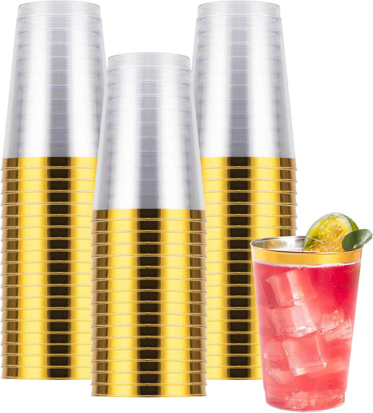 Goodluck 50PCS 12oz Gold Plastic Cups for Party, Disposable Gold Rim Cups, Plastic Cocktail Glasses for Wedding Thanksgiving, Christmas, and Parties