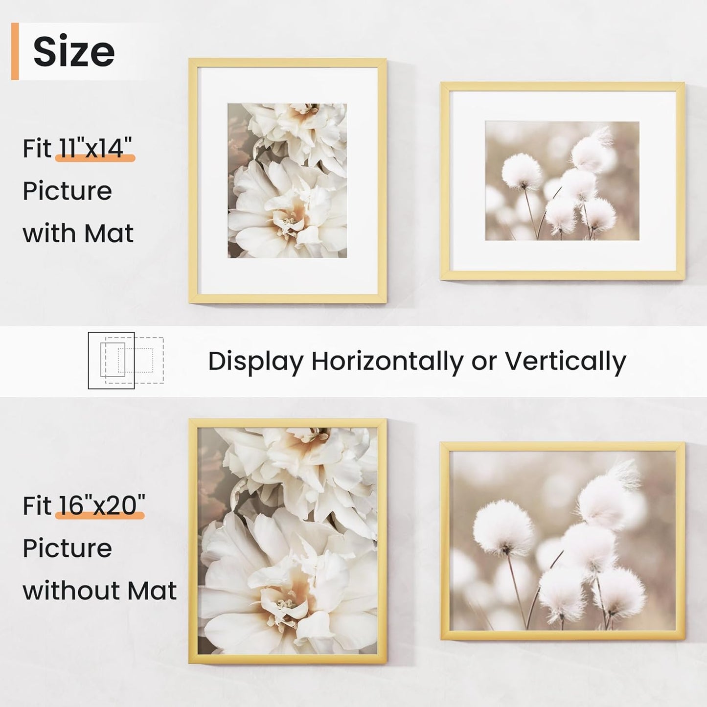 16x20 inch Picture Frame, 16x20 Photo Frames with 11x14 Removable Mat - High Definition Plexiglass - Vertical and Horizontal Display - Wall Hanging Frame - Gold, 5 Pack