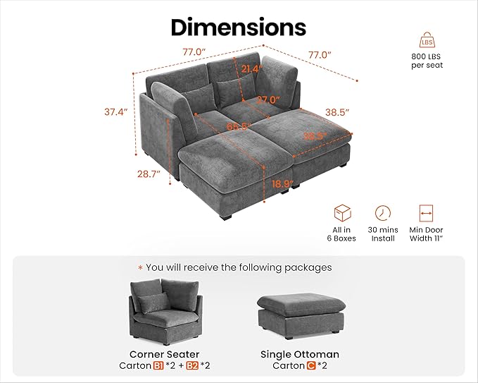 77" Oversized Chenille Couch Modular Sectional Sofa, Washable Cloud Couch - Image 2