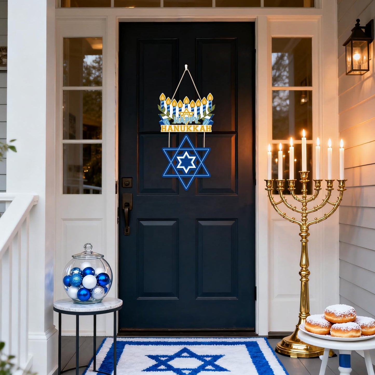 CHDITB Happy Hanukkah Shalom Front Door Sign(12"x20"), Wooden Jewish Festival of Light Blue Menorah Star of David Decoration Wall Hanging, Farmhouse Rustic Chanukah Judaism Christmas Winter Holiday Thanksgiving Gifts Decor for Home Party