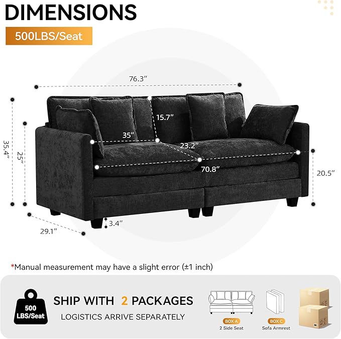 76'' Cloud Deep Seat Loveseat, Upholstered Chenille Modular 2-Seats Sectional - Image 2