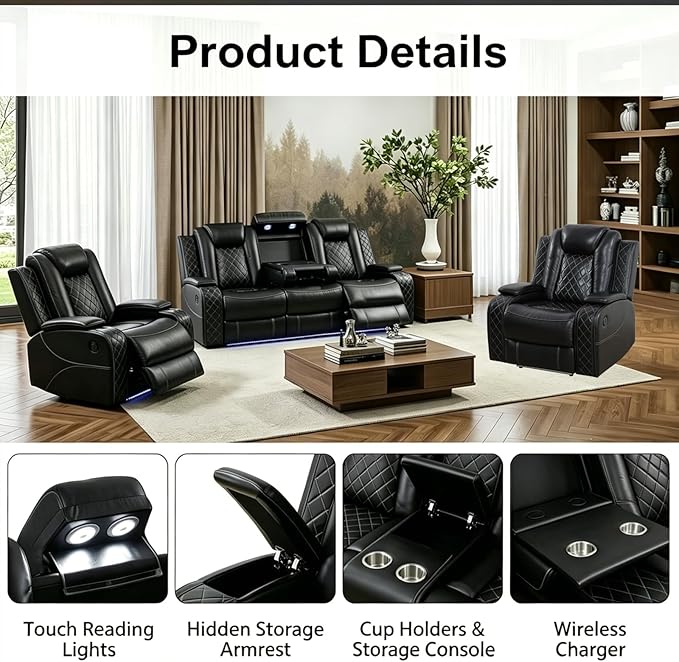 Power Recliner Sofa Set with LED Lights, Includes 2 Manual Recliner 1 Seat and - Image 4