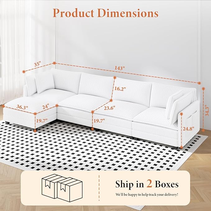 Vesgantti 143" L Shaped Modular Sectional Sofa, Comfy Corduroy Upholstered - Image 2