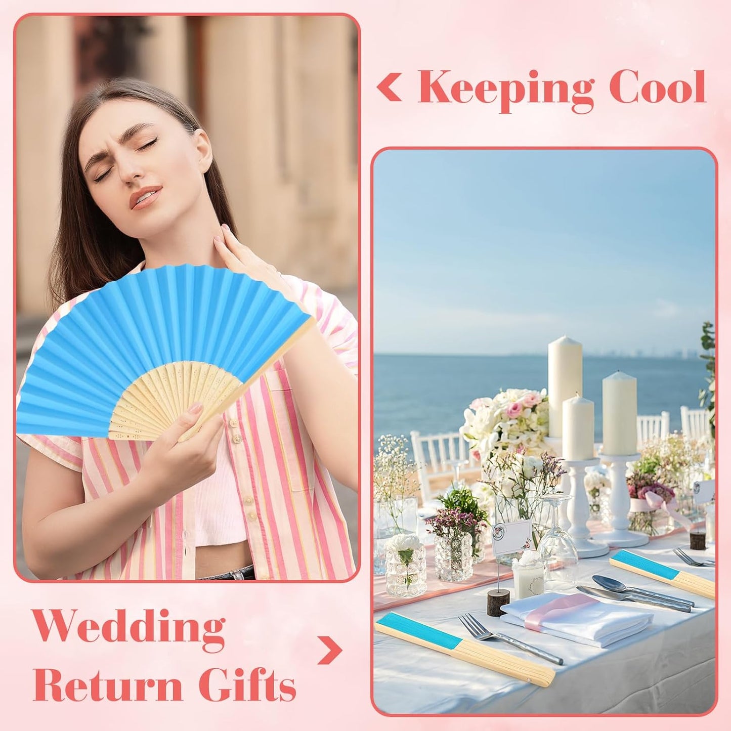 6 Pieces Blue Hand Held Bamboo Folding Fans Foldable Paper Fans Handheld for Women Girls Wedding DIY Decoration Church Home Party Favors Summer