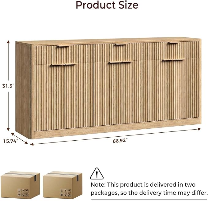 Evermagin 67" Fluted Oak Sideboard Buffet Cabinet - Image 2