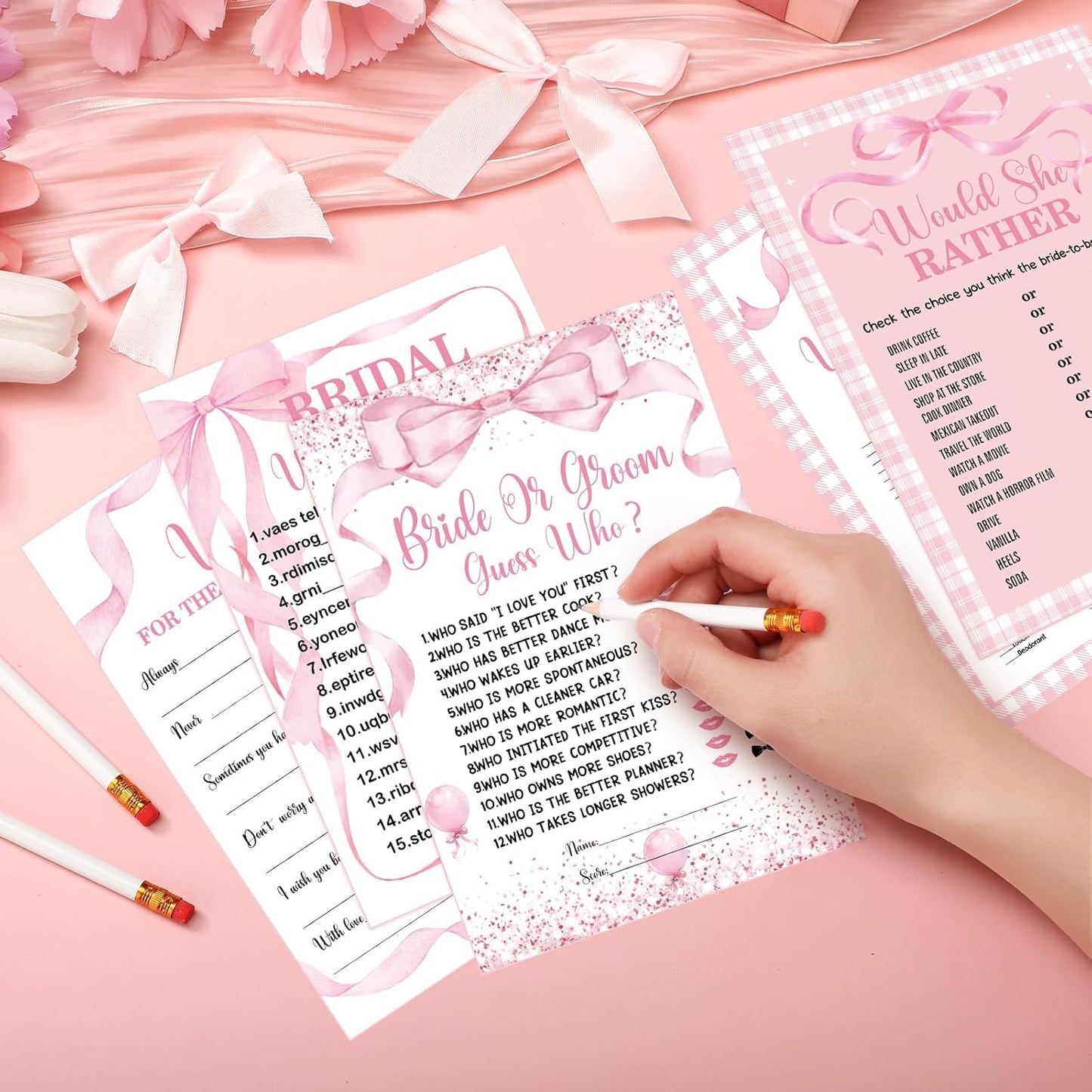 Teling 145 Pieces Bridal Shower Game Bridal Shower Favors Set Wedding Games Cards and Pencils for Bride Groom Bachelorette Party Wedding Party Favor (Pink Bow Style)