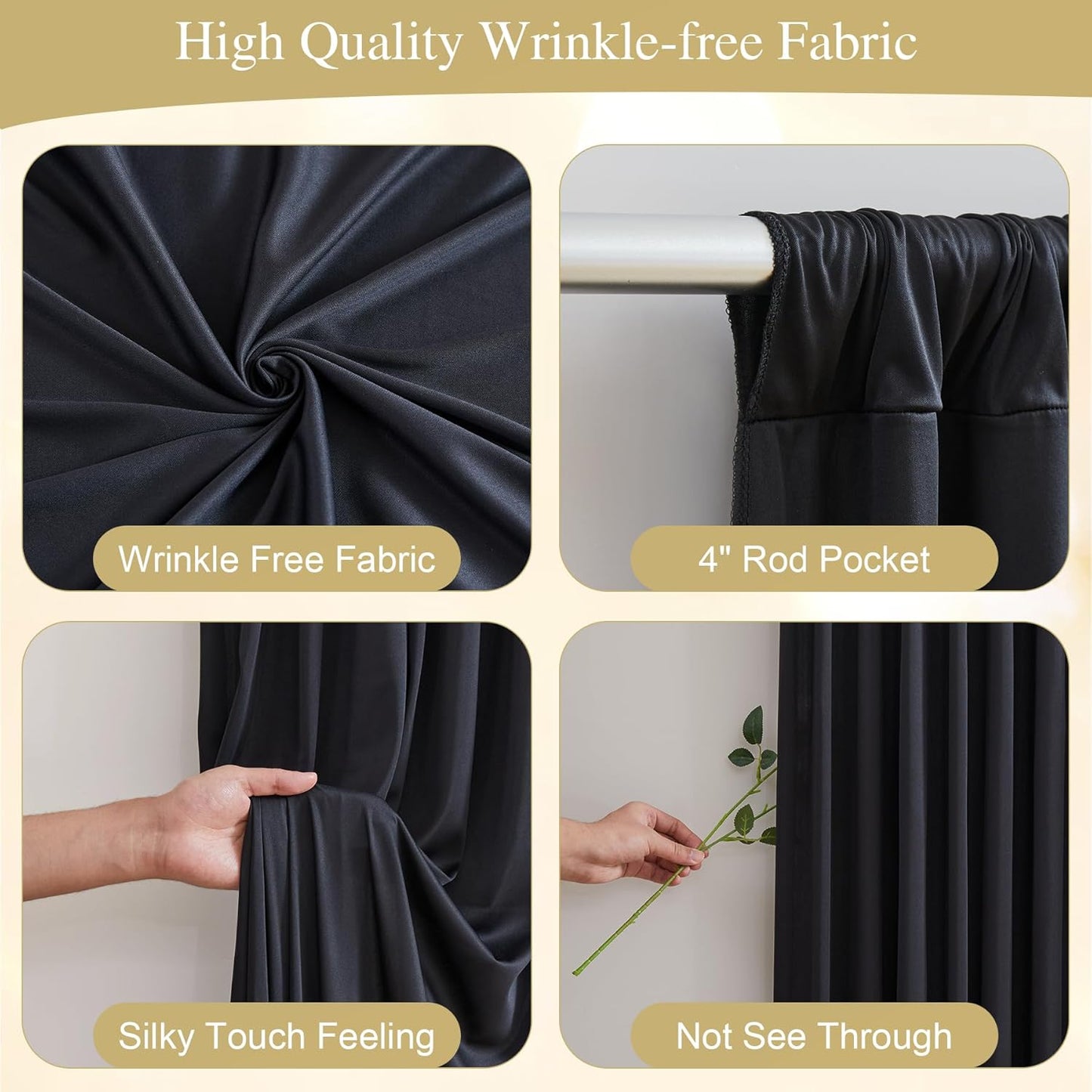 Black Backdrop Curtain with Lights String for Parties,10x10FT Wrinkle Free Black Drapes Wedding Photo Backdrop Curtains for Baby Shower Birthday Ceremony Reception Home Party Decorations