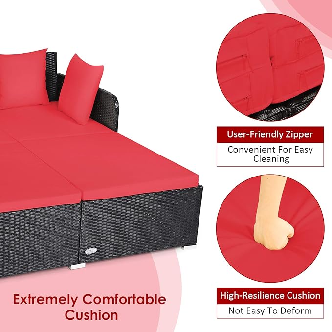 COSTWAY Outdoor Patio Rattan Daybed, Sponge Cushioned Loveseat Sofa - Image 8
