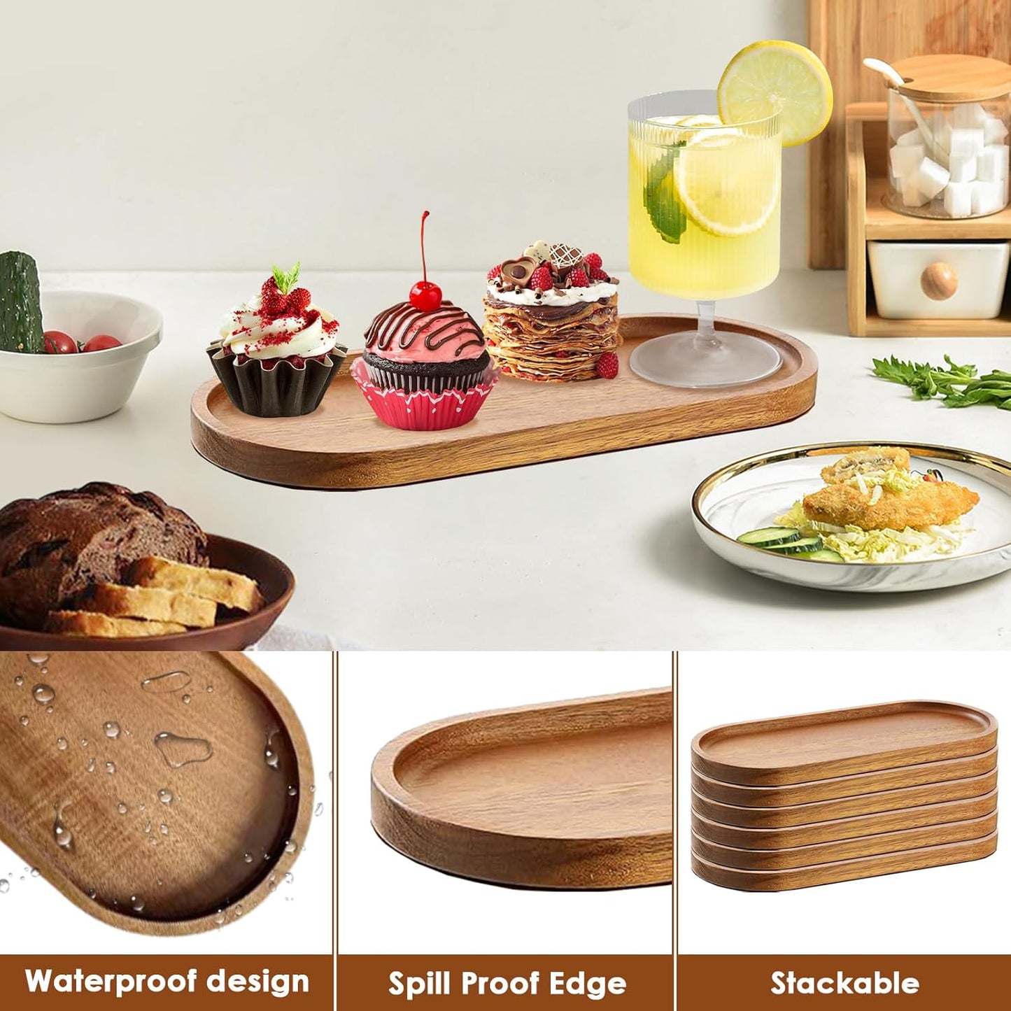 12 Pcs Solid Acacia Wood Serving Trays, 10 Inch Rectangular Wooden Serving Platter Oval Wooden Plates Wood Cheese Plate Acacia Cheese Board for Charcuterie essert Snack Bread Fruit Appetizer