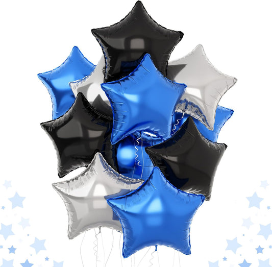 Blue Black Star Balloons Helium, 18Inch Silver and Blue Stars Shape Foil Balloon, 12Pcs Blue Pentagram Mylar Party Decoration for Boy Men Birthday Graduation Space Theme Eid Party Baby Shower Supplies