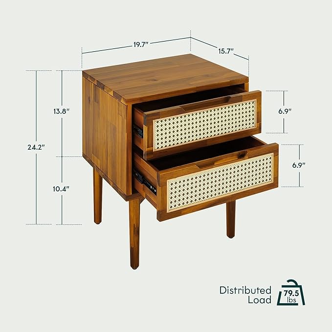 Bme Oliver Solid Wood Rattan Nightstand/Side Table/End Table, Fully Assembled - Image 2