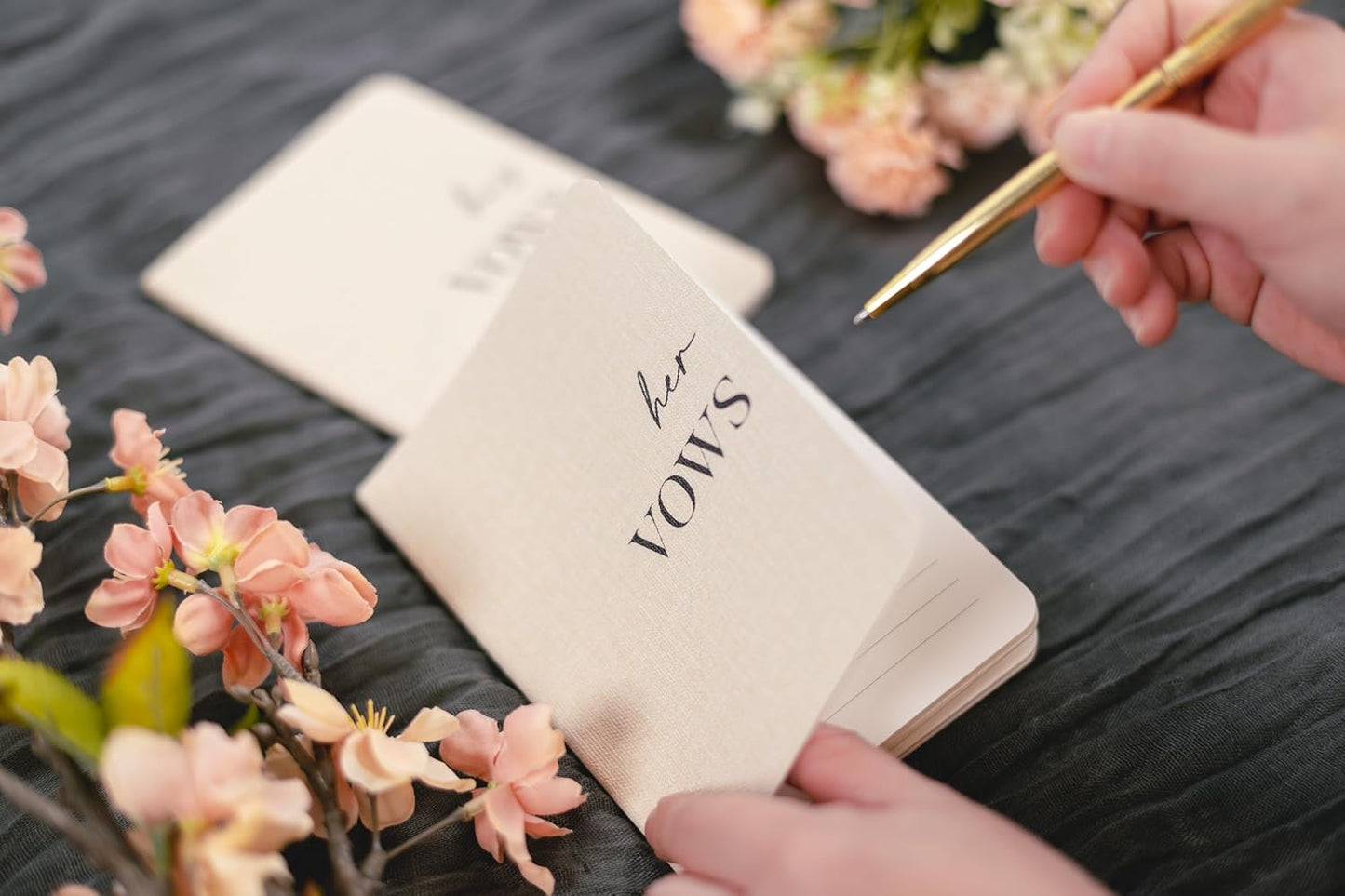Slim Vow Books (Set of 2 - Design 1) - Soft Cream Canvas Linen Textured Cover Wedding Vow Booklets, Ceremony Speech Promise Notebook Journal, Gift for Newly Engaged Couple, 48 Lined Pages, 5.75" x 4"