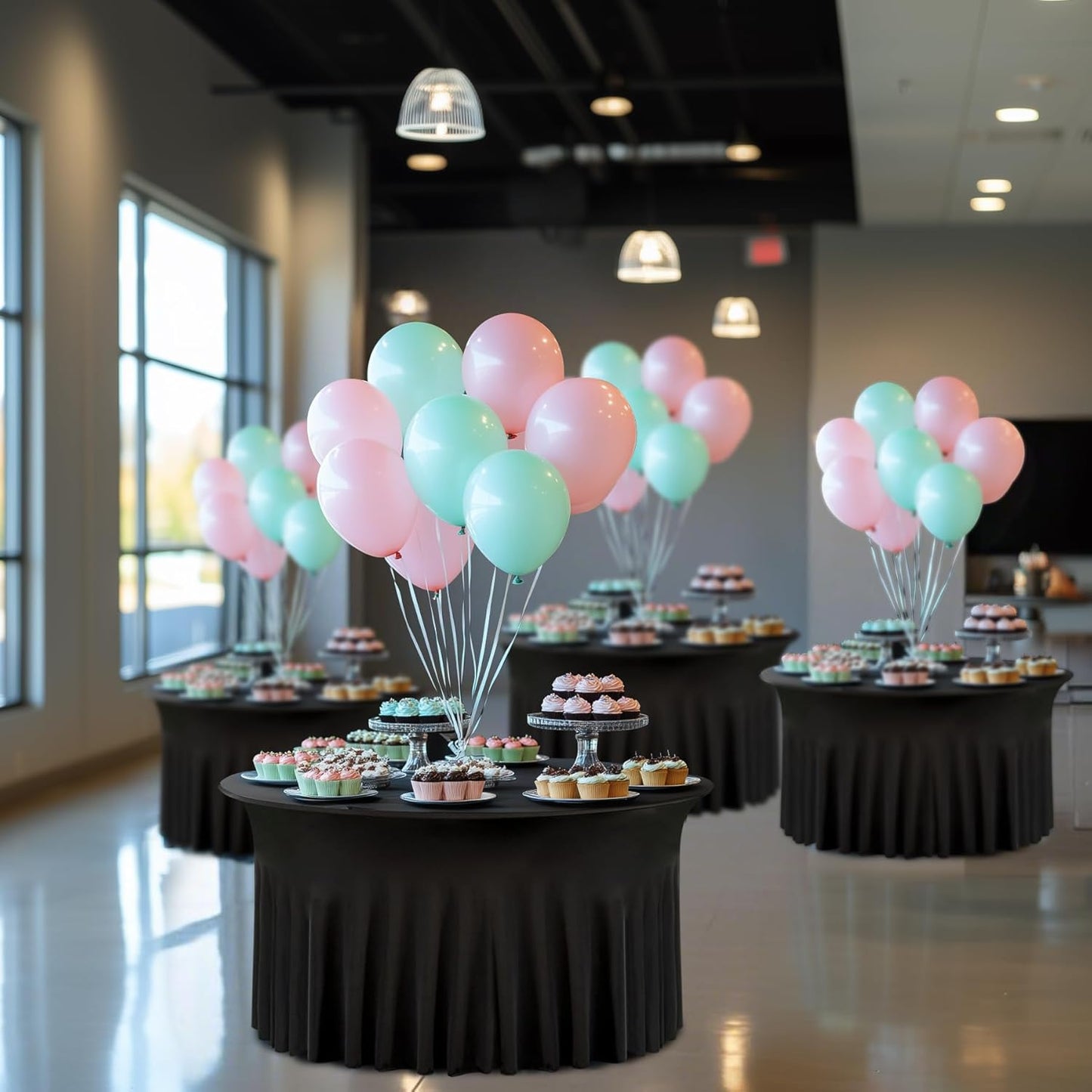 8 Pack Black Round Spandex Tablecloth 60 Inch, Wrinkle Free Stretch 120 Inch Fitted 5ft Black Table Cloths Round Table Covers with Ruffle Skirt for Graduation Wedding Party Banquet