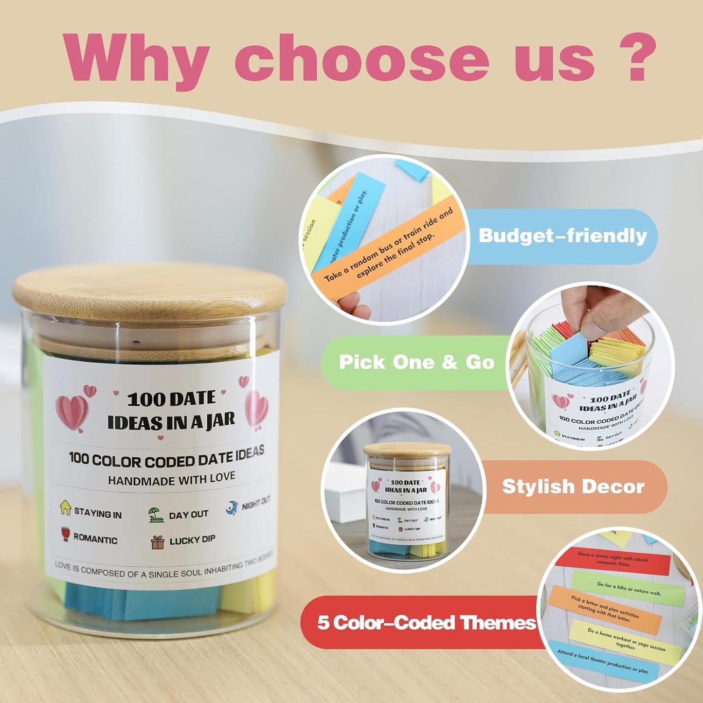 MSEHKM 100 Date Ideas In A Jar Date Night Ideas Color Coded Date Ideas Budget-friendly Date Jar Wedding/Anniversary/Bridal Shower/Newlyweds Gifts for Couples, pure