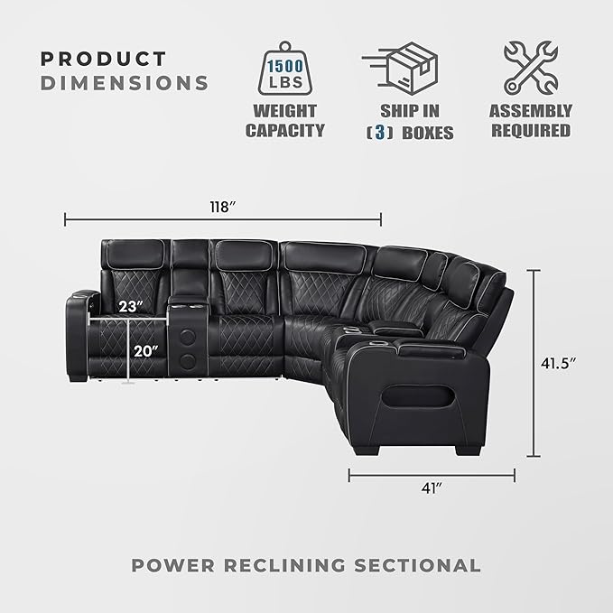 Lexicon 118" Power Reclining Sectional Sofa, Wall Hugger, 2 Recliner Seats - Image 2