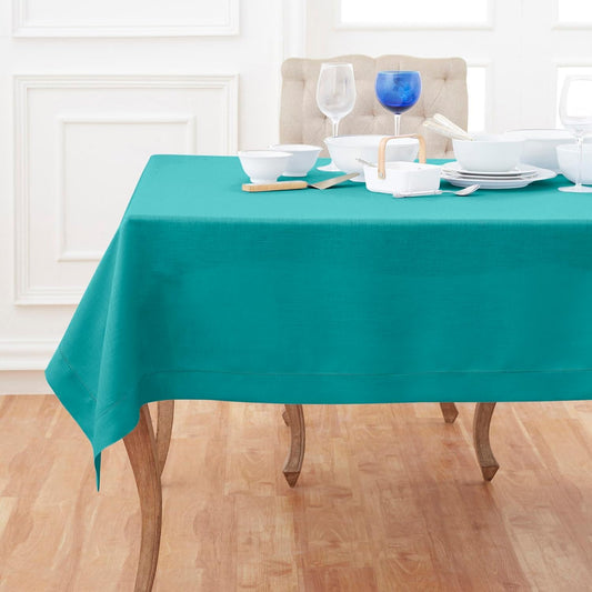 Solino Home Linen Tablecloth 60 x 132 Inch - Classic Hemstitch 100% Pure Linen Teal Table Cloth for Rectangle Tables - Machine Washable Tablecloth for Fall, Autumn