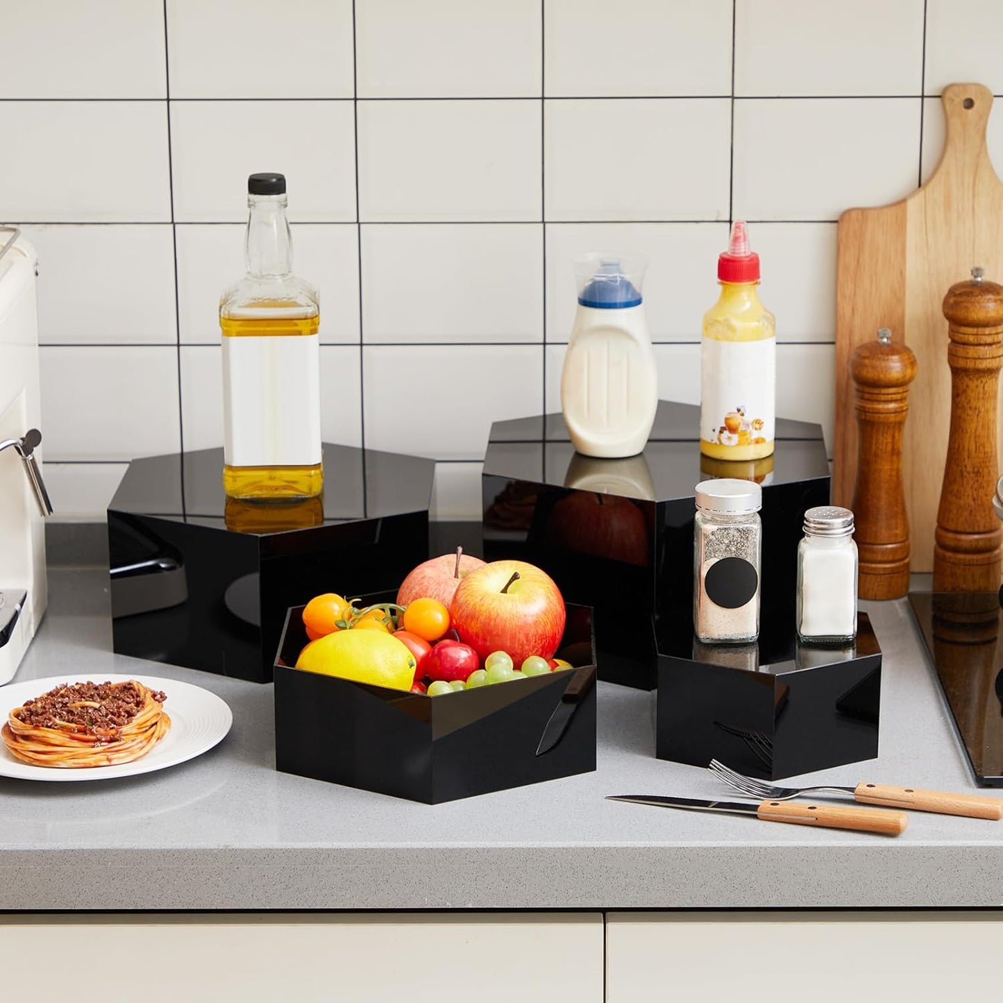 Leinuosen 7 Pcs Large Buffet Risers Set 6" to 12" Acrylic Display Box Catering Dessert Table Riser Food Display Decorative Stand with Hollow Bottom for Catering Supplies (Black, Hexagonal)