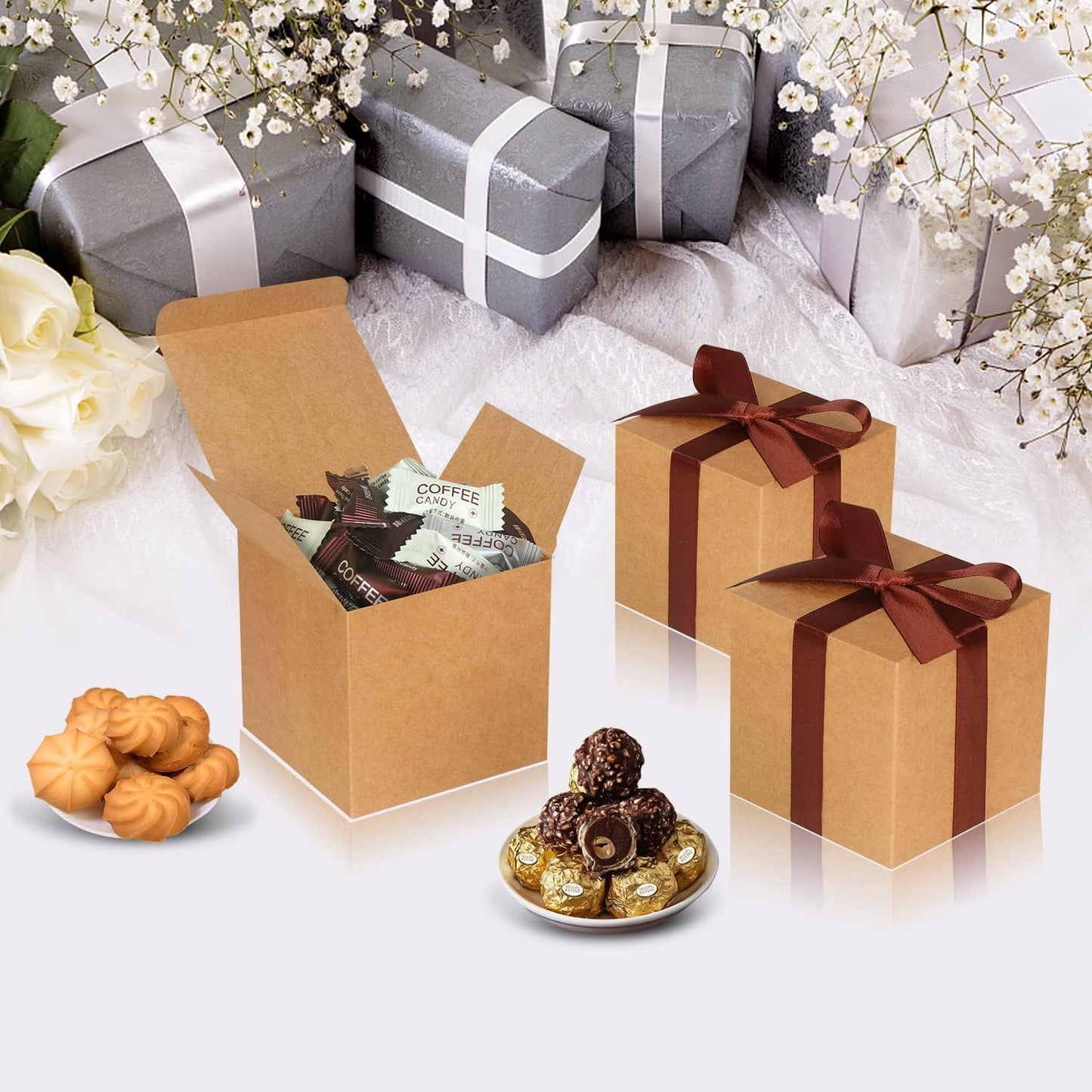 50 Pack Small Gift Boxes, 2x2x2 Favor Boxes Brown Paper Gift Boxes with Lids for Presents, Crafting, Cupcake Boxes, Gifts, Candy Boxes for Wedding Party Bridal Shower Baby Shower Favors