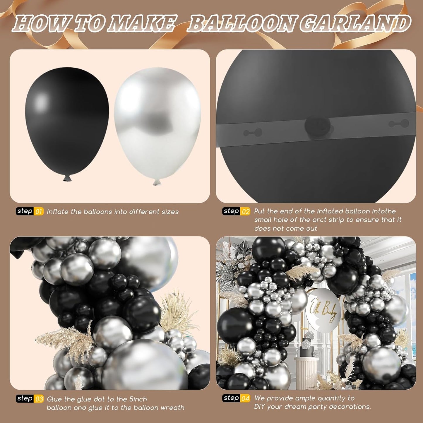 412Pcs Black and Silver Balloons Arch Kit, Latex Balloons Different Sizes 18 12 10 5 Inch for Birthday, Wedding, Graduation, Anniversary Decorations