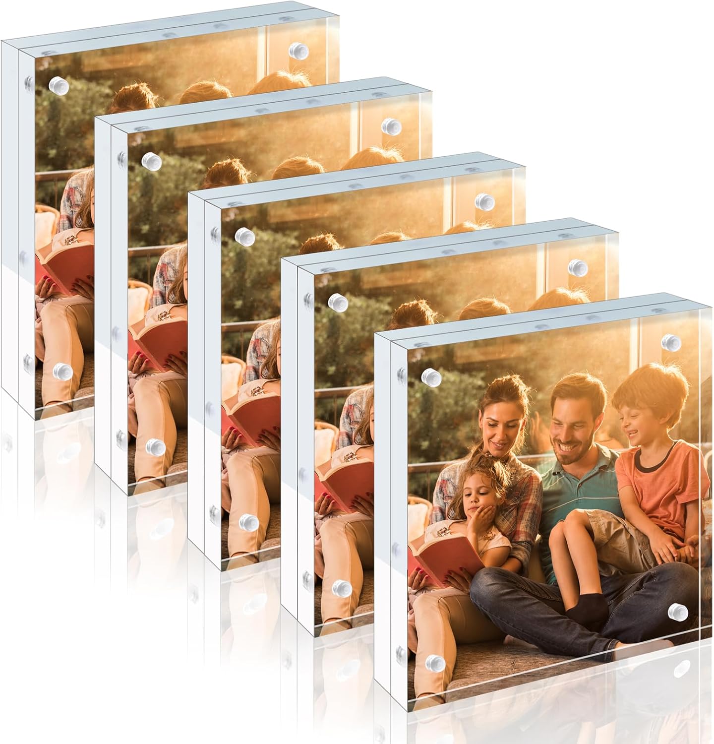 Egofine 4x4 Acrylic Frames 5 Pack, 20mm Thicker Frameless Clear Picture Frames, Double Sided Magnetic Picture Frames, Free Standing Desktop Display