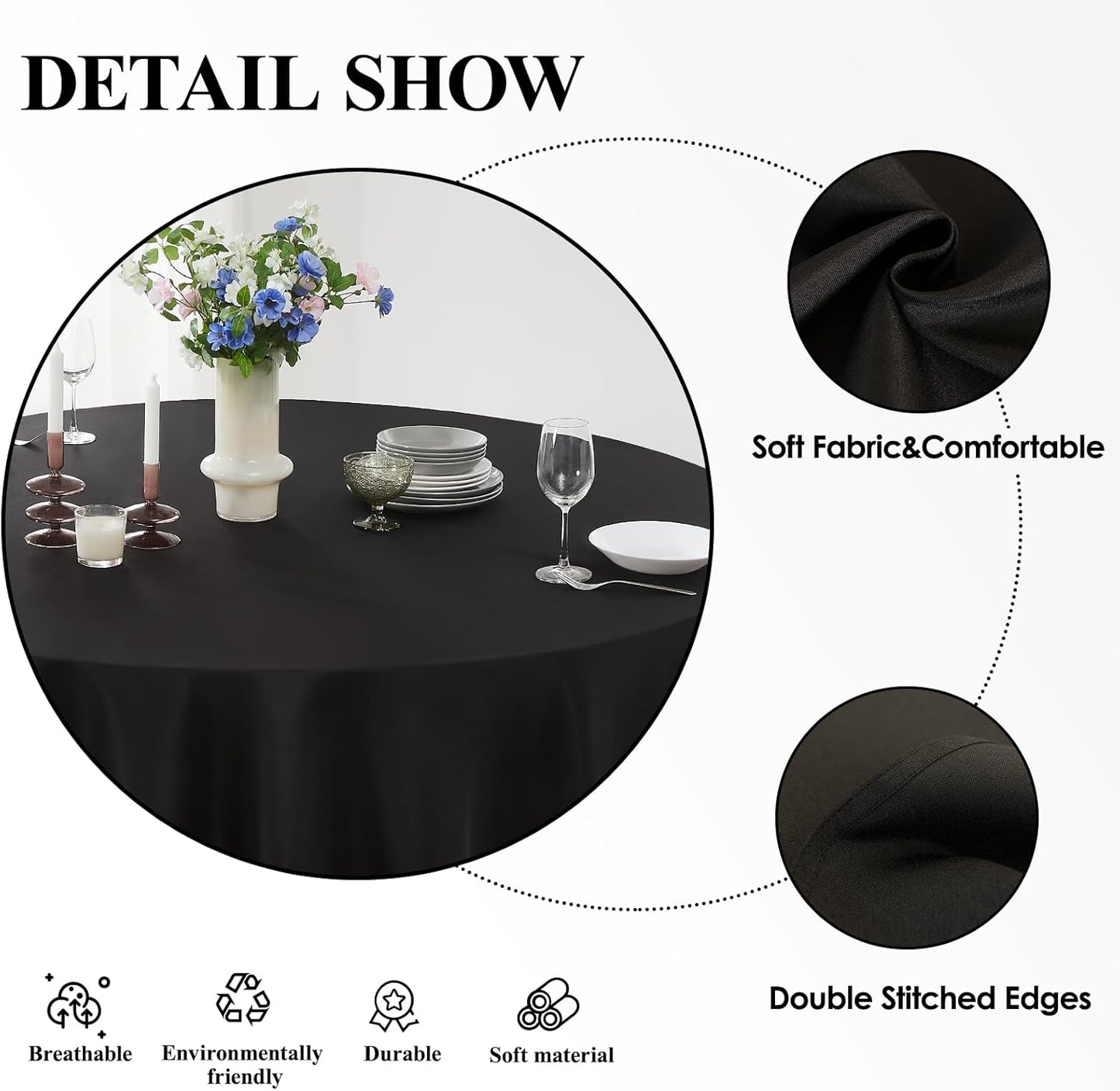 Round Tablecloth 132 Inch 10 Pack Black Tablecloths Washable Decorative Linen Polyester Table Clothes Cover for Dining Table Banquets Buffet Parties and Wedding