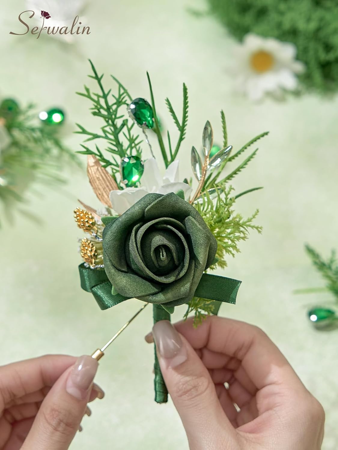 Serwalin 10Pcs Boutonniere for Men, Green Groom and Best Man Boutonniere, Artificial Flowers for Wedding Decor Prom Homecoming Ceremony Anniversary Formal Dinner Party