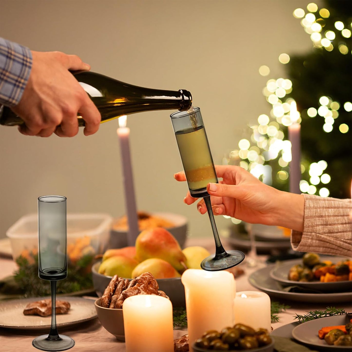 12 Pieces Black Champagne Flutes 6 OZ Straight Sided Wine Glasses Champagne Long Stem Drinking Colored Glasses,Set of 12 Hand Blown Champagne Flutes Goblets for Wedding Cocktail Cups,Cava, Prosecco