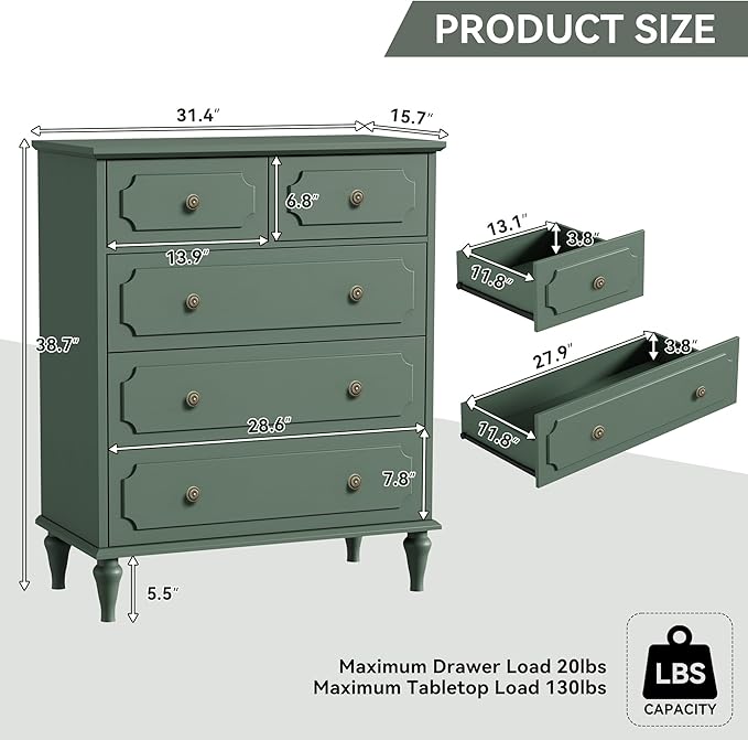 Green Dresser for Bedroom with 5 Drawers, Vintage Tall Dresser with Smooth - Image 2