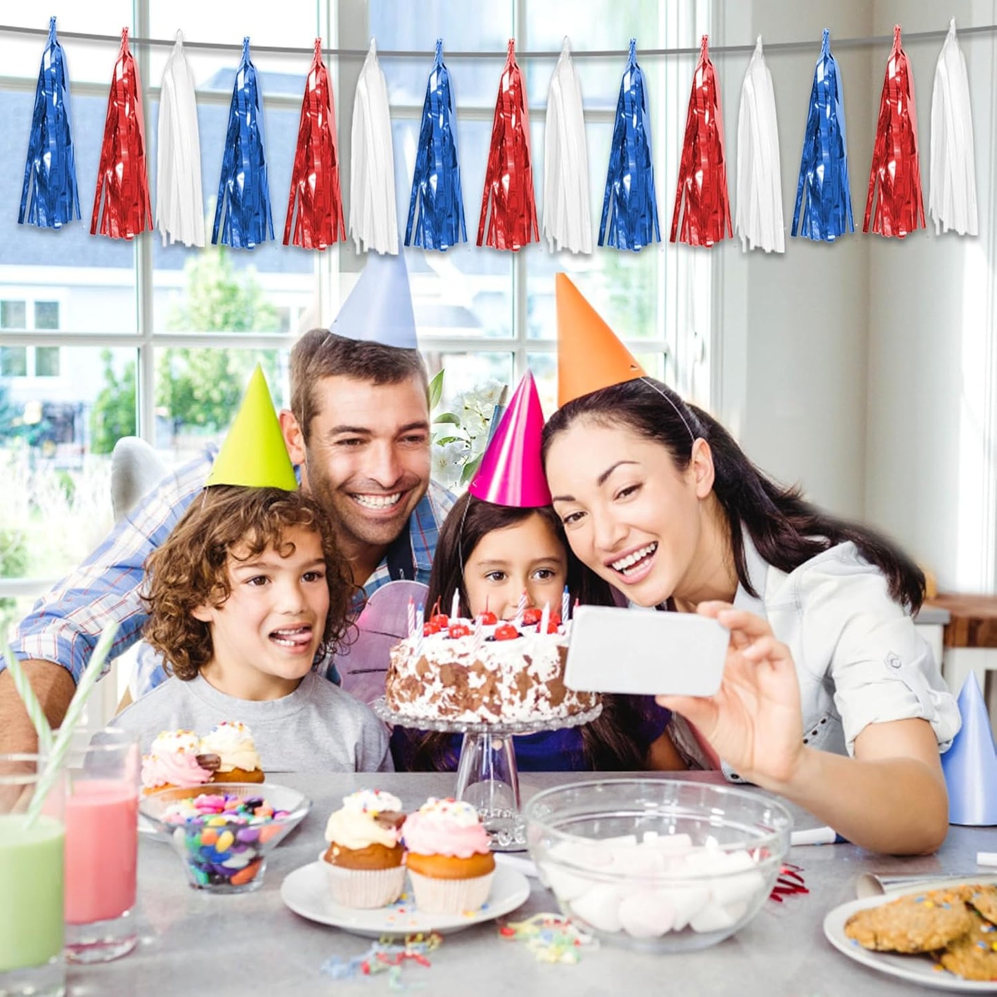 6P Red Blue White Foil Fringe Metallic Tassel Streamers Banner Tassel Garland for Parade Floats, Bachelorette, Wedding, Birthday, Graduation, Christmas, Bridal/Baby Shower Party Decorations