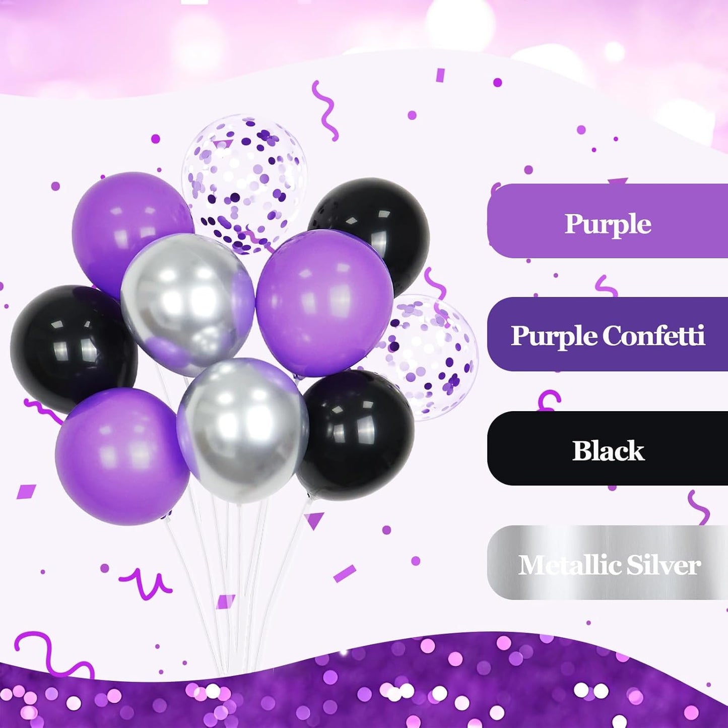 60pcs Purple and Black Balloons 12inch, Purple and Silver Balloon with Metallic Silver Confetti Balloons for Bridal Shower Graduation Birthday Party decorations