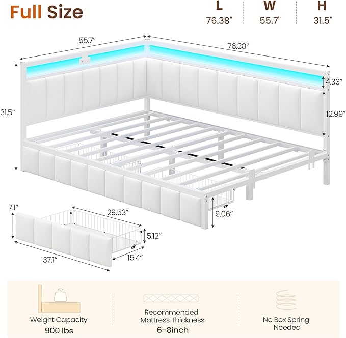 DICTAC Corner Bed Frame with 2 Storage Drawers and Charging Station Full Size - Image 2