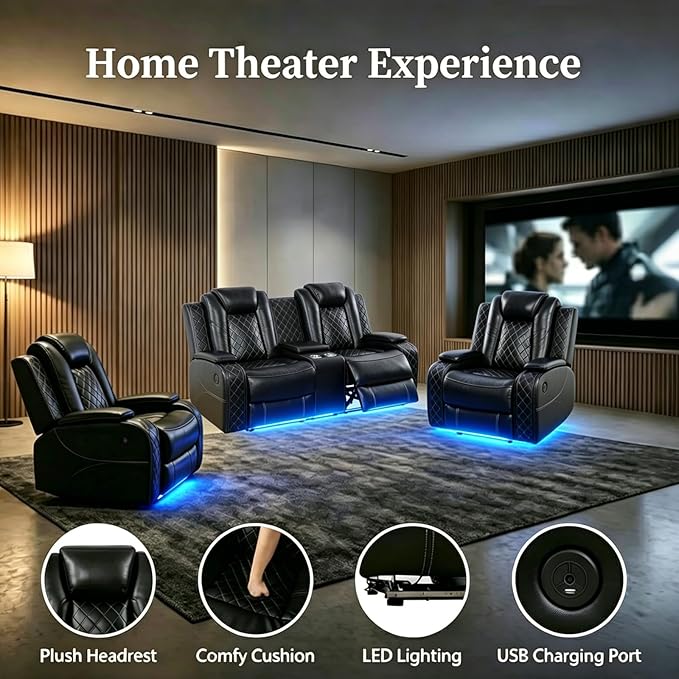 Power Recliner Sofa Set with LED Lights, Includes 2 Manual Recliner 1 Seat and - Image 3