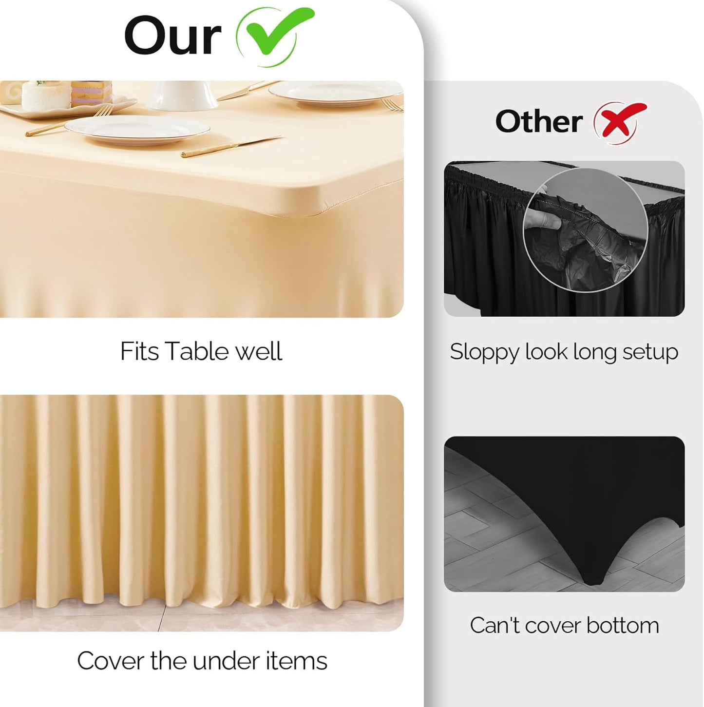 2 Pack Champagne Spandex Table Clothes for 4 Foot Rectangle Tables, 4FT Wrinkle Free Fitted Tablecloths Ruffles Design Table Cover for Party, Banquet, Wedding and Events