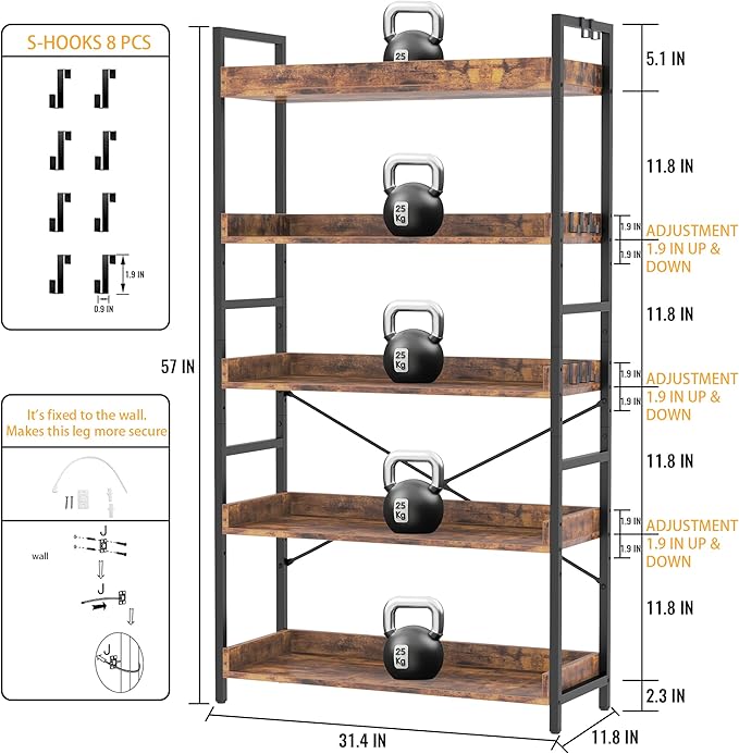 HCHQHS 5 Tier Bookshelf, Adjustable Industrial Bookcase, Vertical Tall Book - Image 4