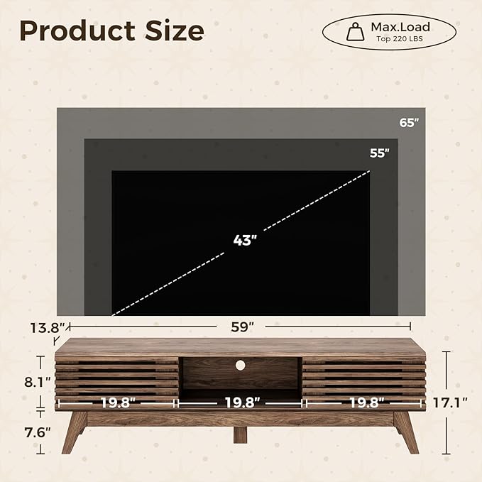 AODK 59" TV Stand for 55"/60"/65" TVs, Mid-Century Modern Fluted Entertainment - Image 3