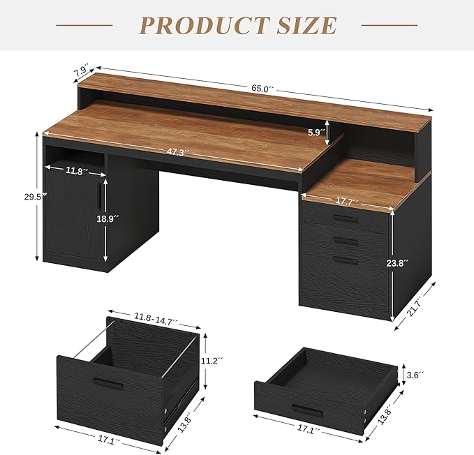 YOMILUVE Computer Desk with 3 Drawers & Storage Shelves, 65 Inch Home Office - Image 2