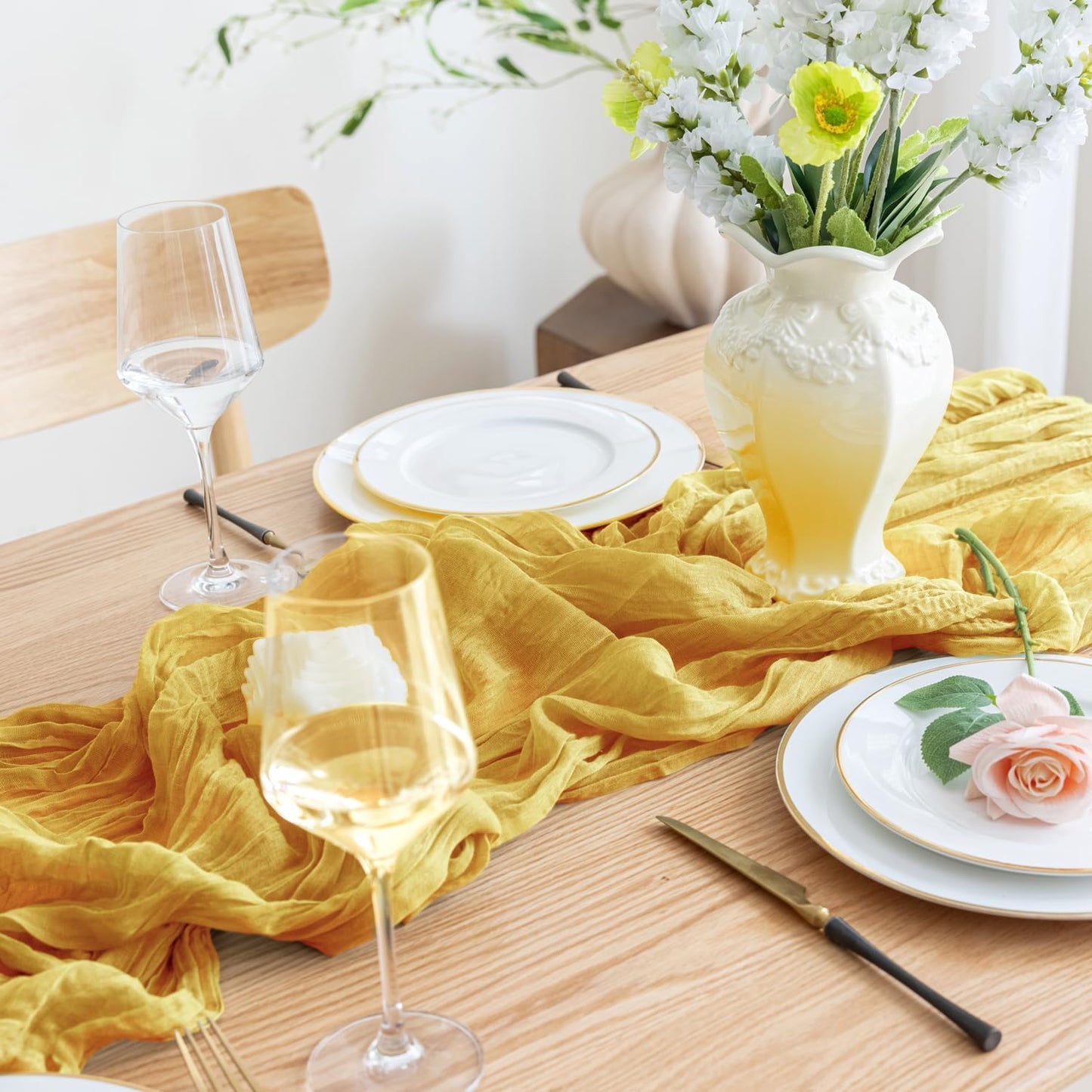 Asee'm 3pcs Cheesecloth Table Runner 120 Inches Long Gold Boho Gauze Cheese Cloth Runner 10FT Rustic Sheer Table Runners for Christmas Wedding Party Baby Shower Spring Easter Decoration