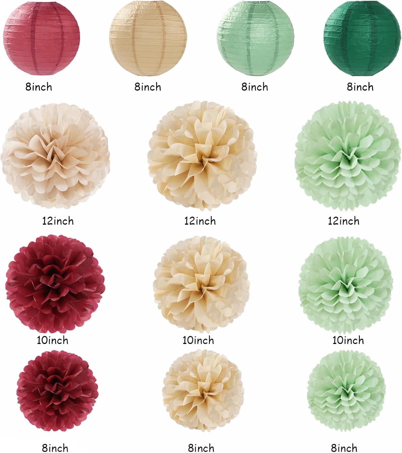 Sage-Olive Green Burgundy-Champagne Boho Party-Decorations - 20pcs Birthday Paper Lanterns Fans,Tissue Pom Poms,Honeycomb Balls,Bunting,Christmas Bridal Baby Shower Wedding Engagement Decor Burgleda