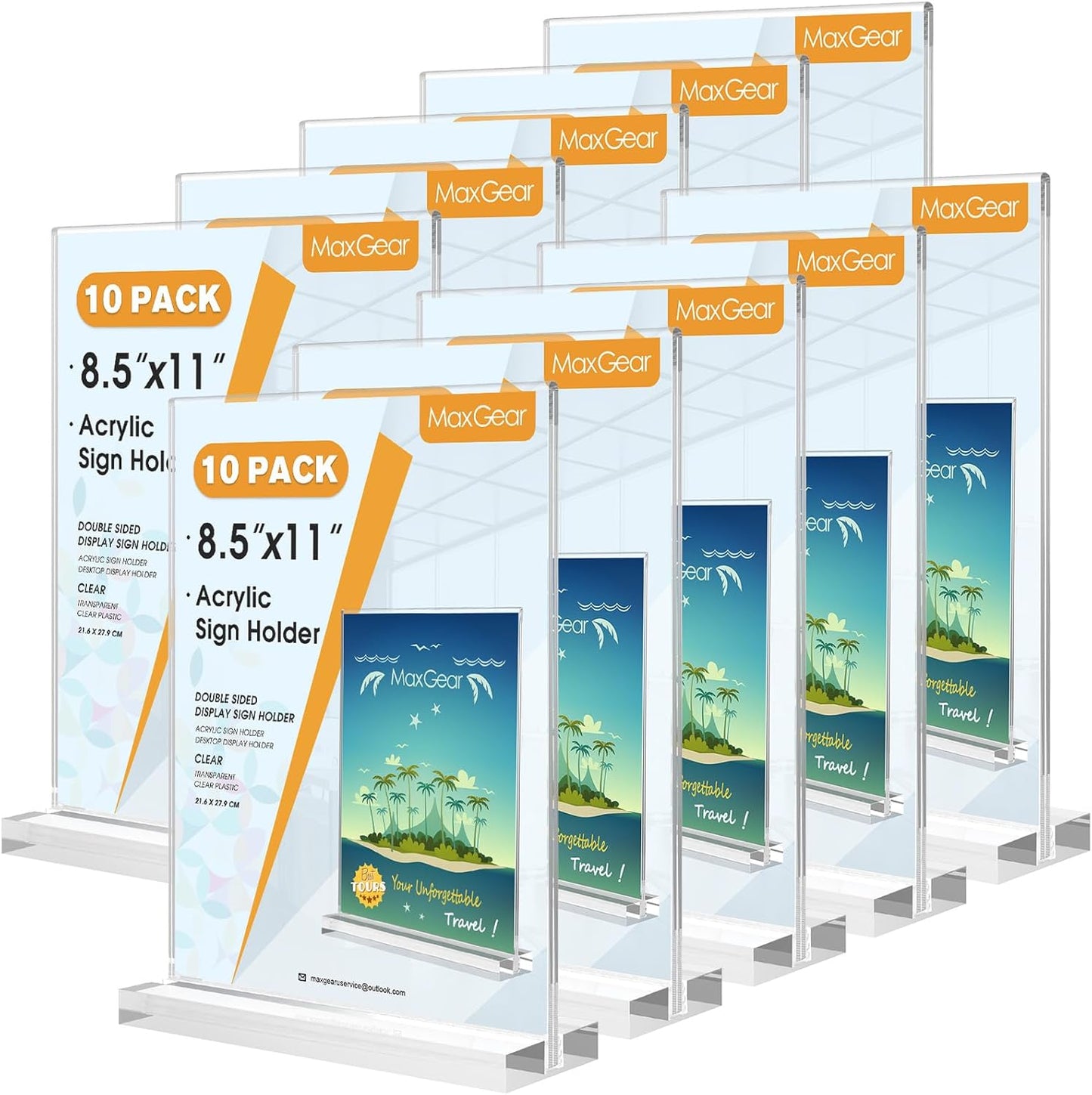 MaxGear Acrylic Sign Holder 8.5 X 11 Inches 10 Pack, Double Sided Plastic Display Stands Table Top Acrylic Frame, Clear Paper Holder Menu Flyer Stand for Stores, Restaurants, Hotels, Office