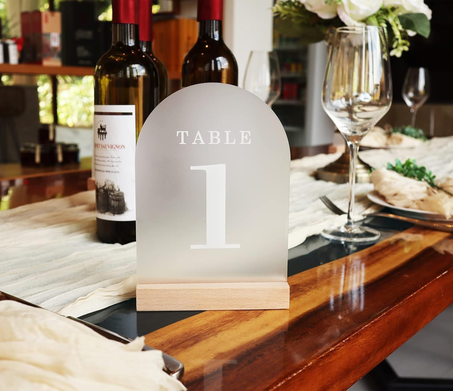 Wedding Table Numbers 31-40, Acrylic Arch Signs with Natural Wood Stands Holders, Rustic Table Decor for Reception & Parties (Frosted White)