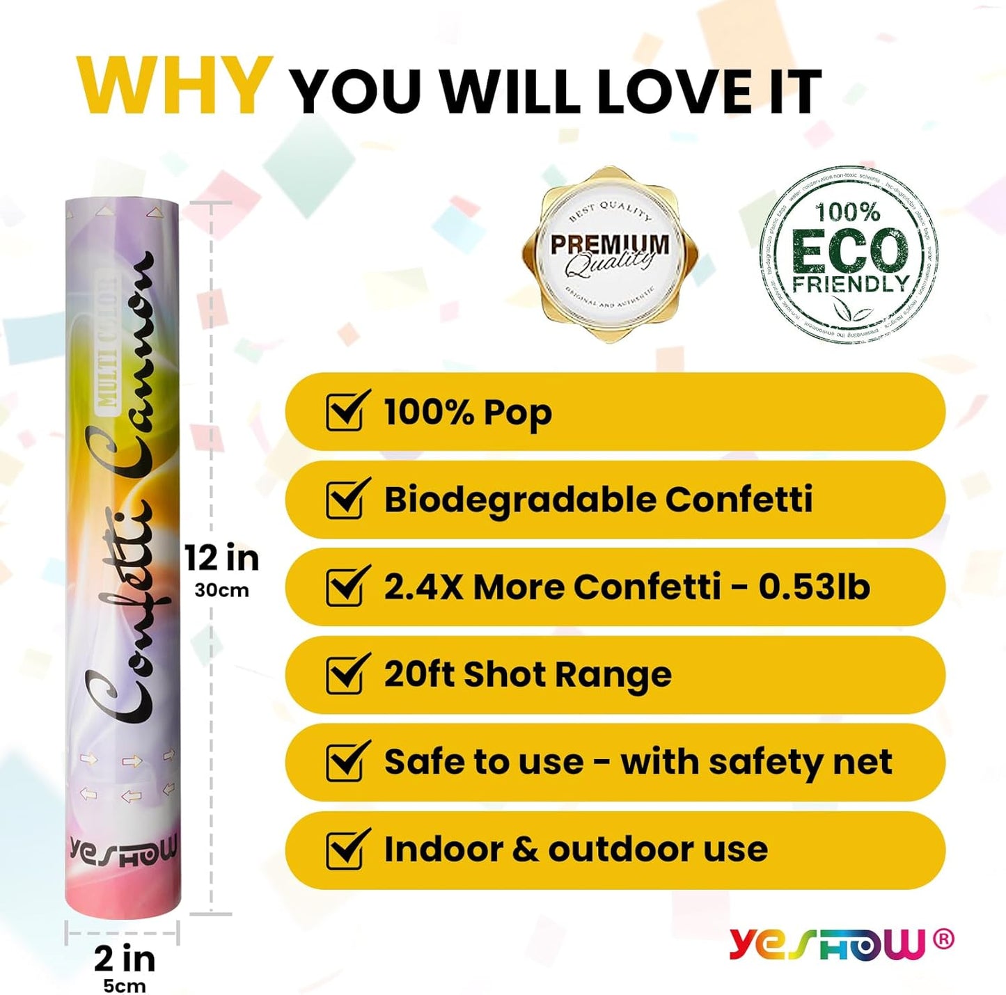 Confetti Cannon Party Poppers Biodegradable Shooters, (6 Pack) YESHOW Multicolor Confetti Blaster for Birthday Graduation Wedding Christmas New Year’s Eve