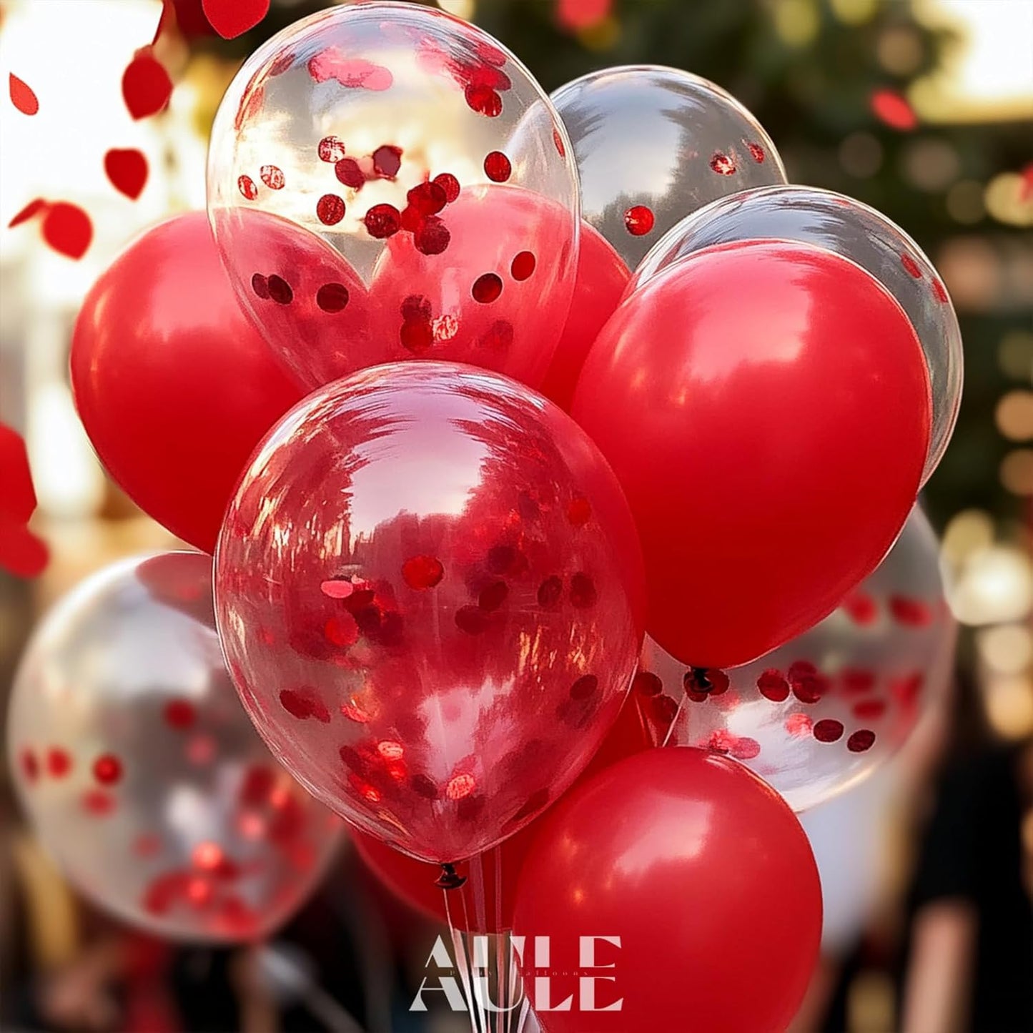 AULE Party Balloons Pack of 42-12in Red Confetti Balloons & Red Latex Balloons and 64ft Ribbons - 12 Inches Balloons Decorations Set