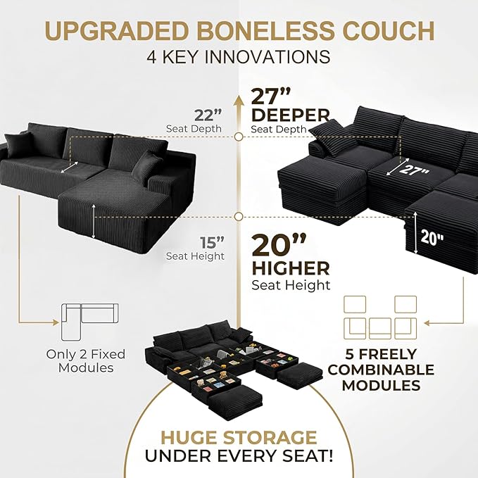 Upgrade Boneless Couch with Storage, Extra Deep&High Seat Modular Sectional - Image 6